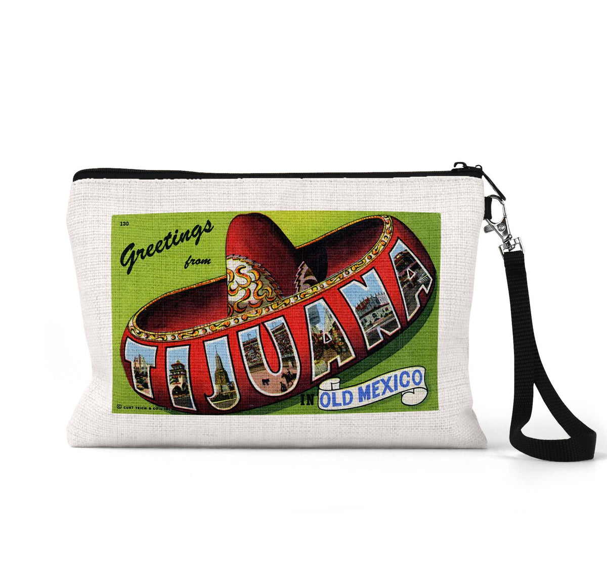Tijuana Mexico vintage postcard wristlet travel pouch