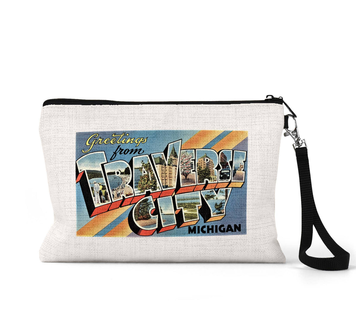 Traverse City Michigan vintage postcard wristlet travel pouch
