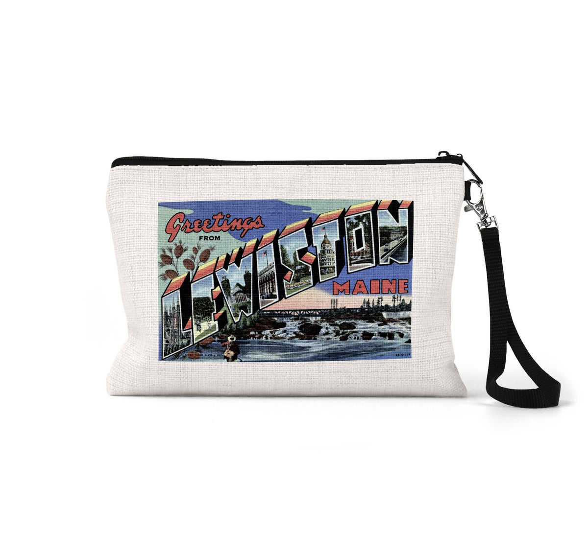 Lewiston Maine vintage postcard wristlet travel pouch