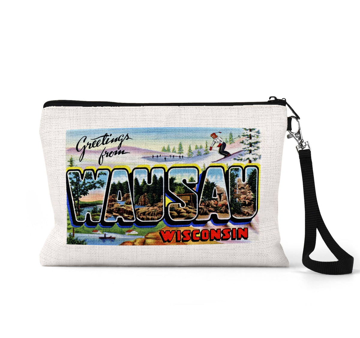 Wausau Wisconsin vintage postcard wristlet travel pouch