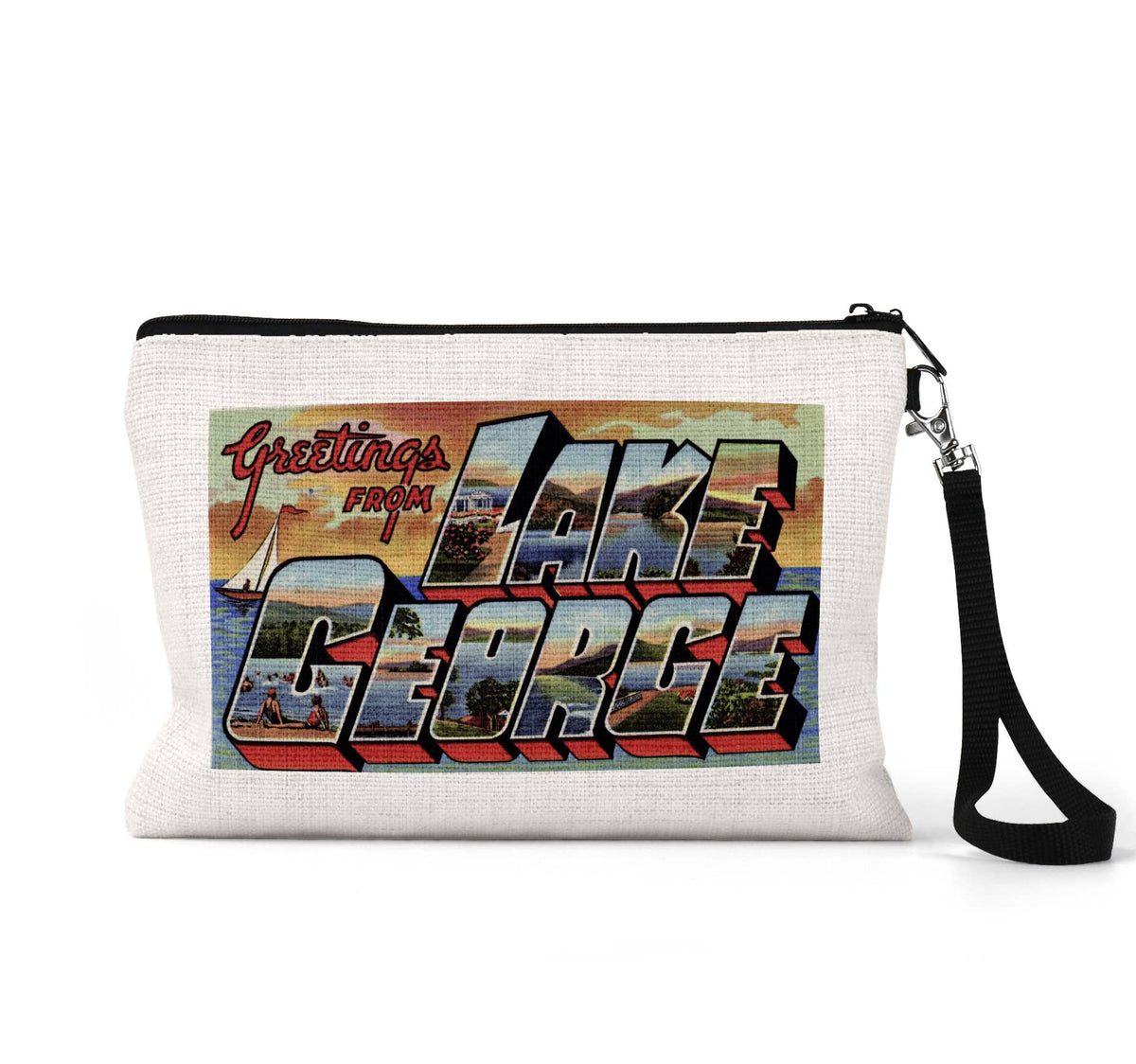 Lake George New York vintage postcard wristlet travel pouch