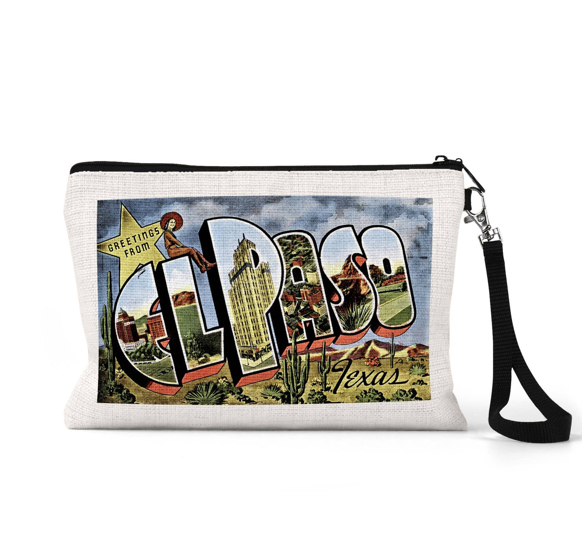 El Paso Texas vintage postcard wristlet travel pouch