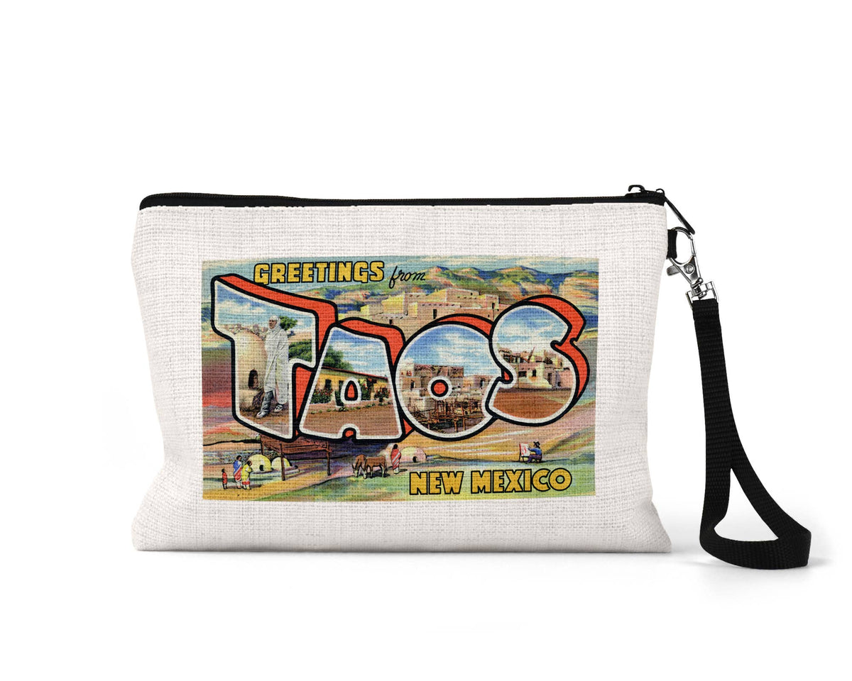 Taos New Mexico vintage postcard wristlet travel pouch