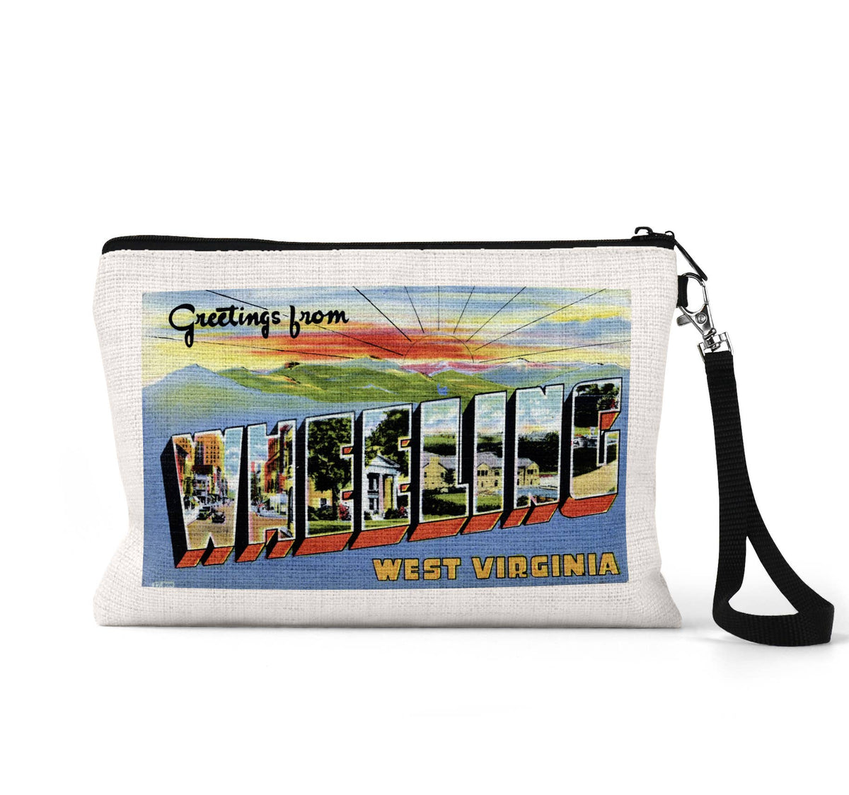 Wheeling West Virginia vintage postcard wristlet travel pouch