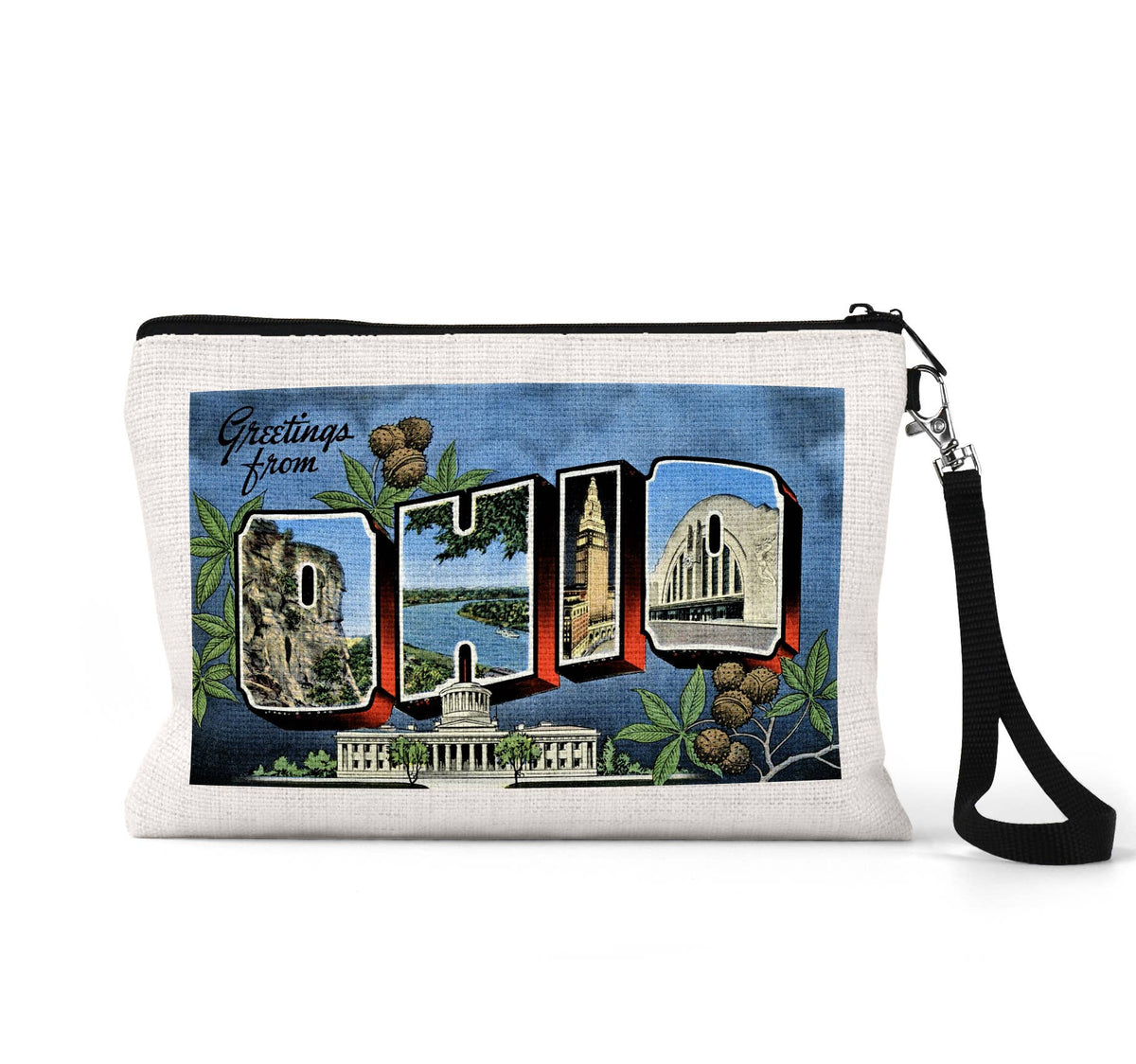 Ohio vintage postcard wristlet travel pouch