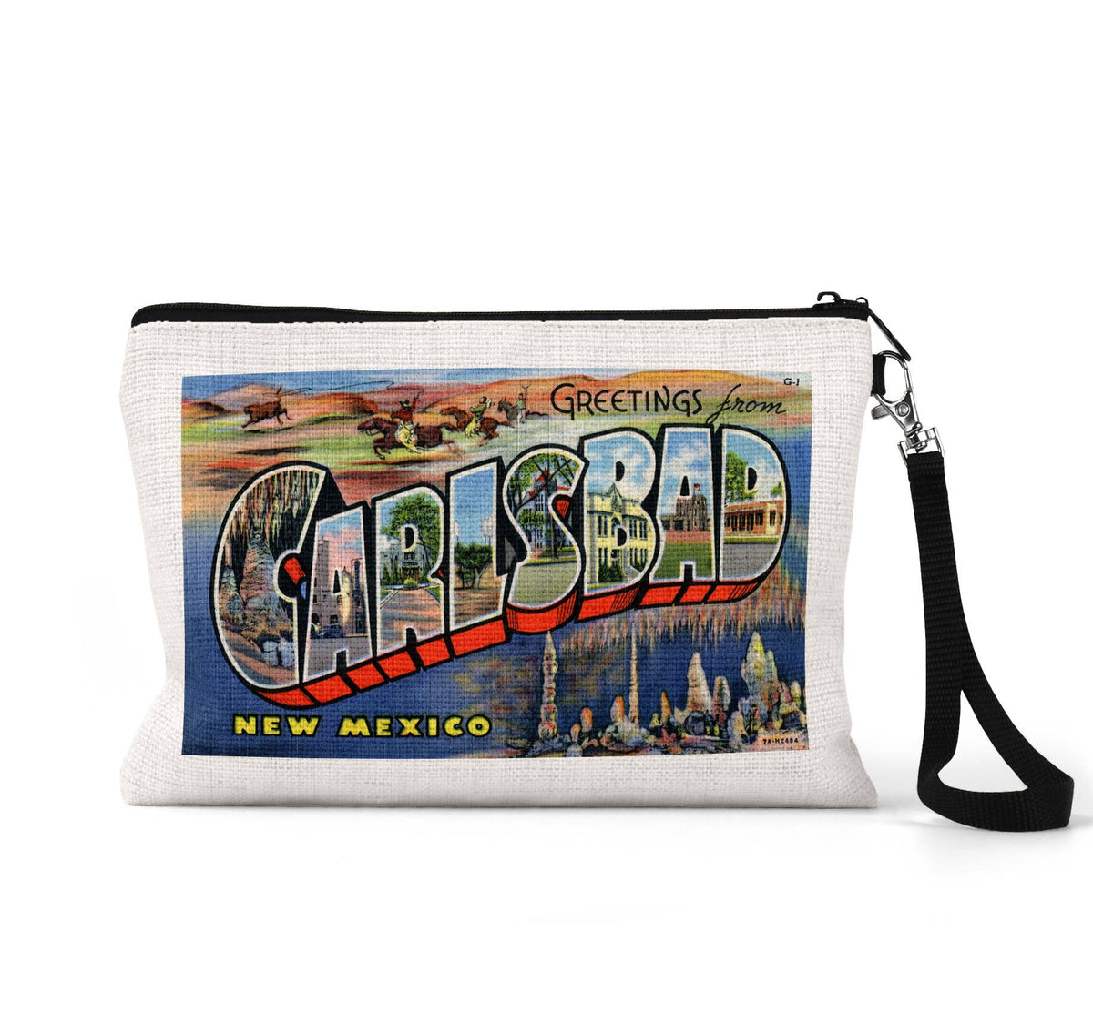 Carlsbad New Mexico vintage postcard wristlet travel pouch