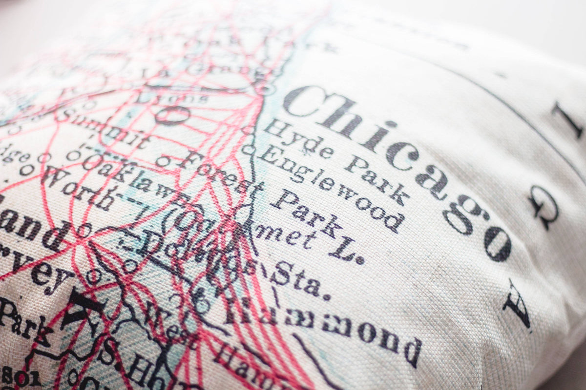 Close-up of vintage map pillow fabric