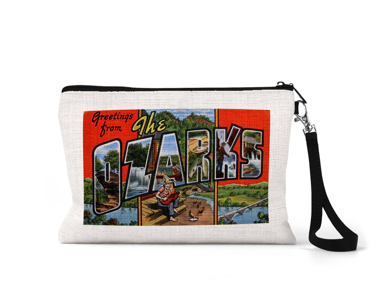 The Ozarks vintage postcard wristlet travel pouch