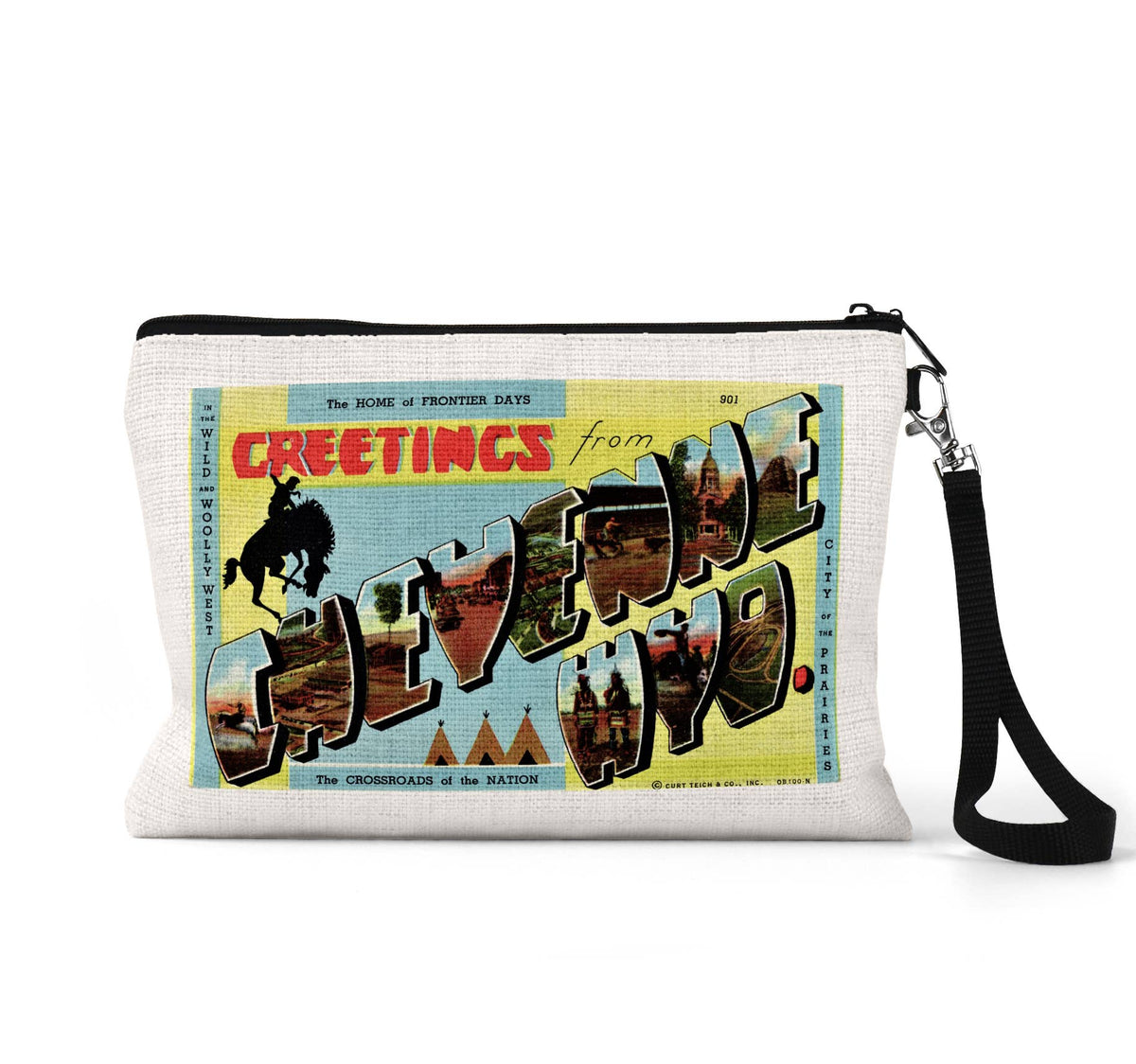Cheyenne Wyoming vintage postcard wristlet travel pouch