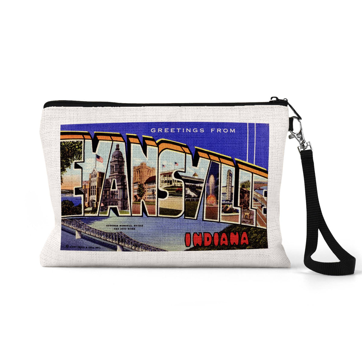 Evansville Indiana vintage postcard wristlet travel pouch