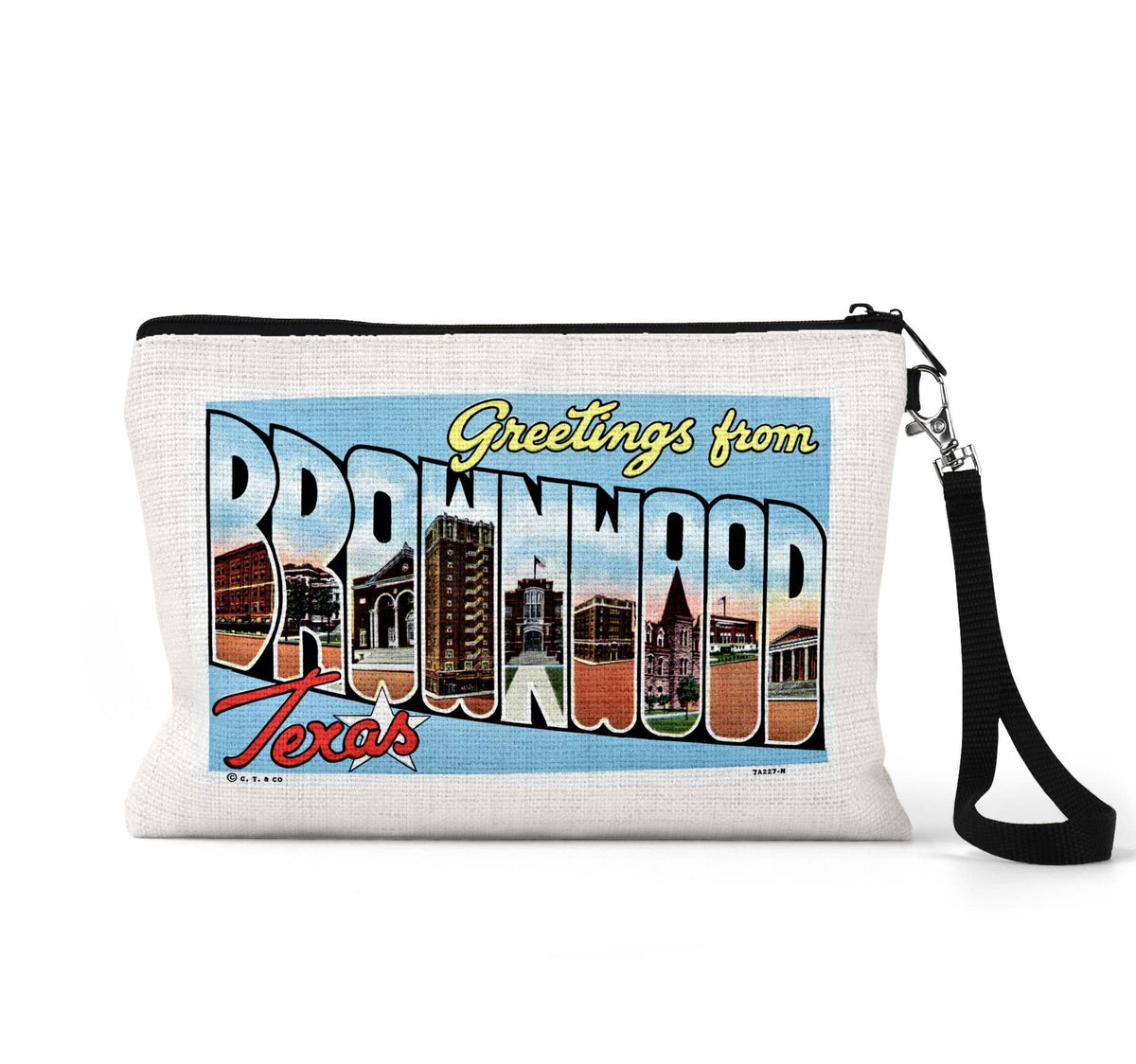 Brownwood Texas vintage postcard wristlet travel pouch
