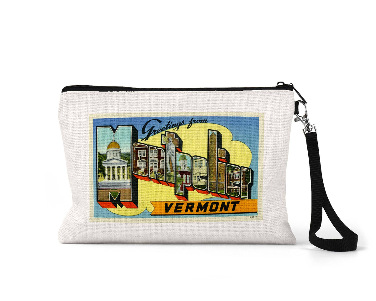 Montpelier Vermont vintage postcard wristlet travel pouch