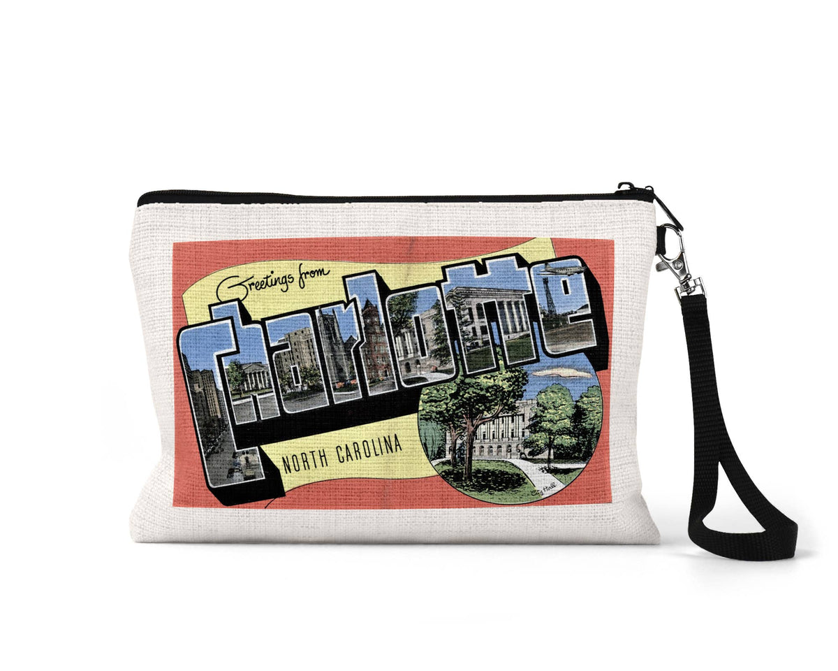 Charlotte North Carolina vintage postcard wristlet travel pouch