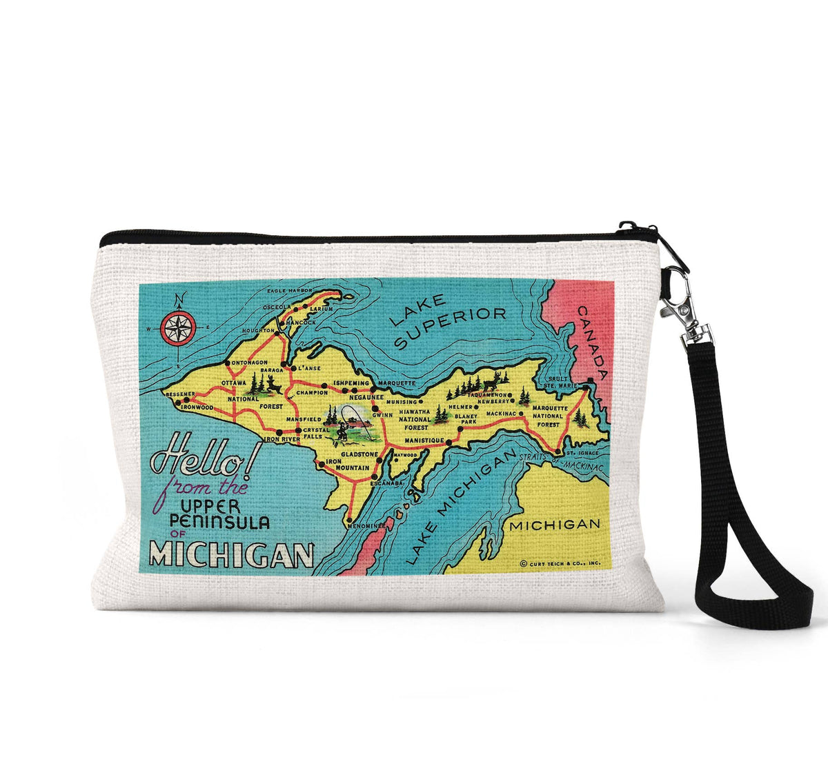 Upper Peninsula Michigan vintage postcard wristlet travel pouch