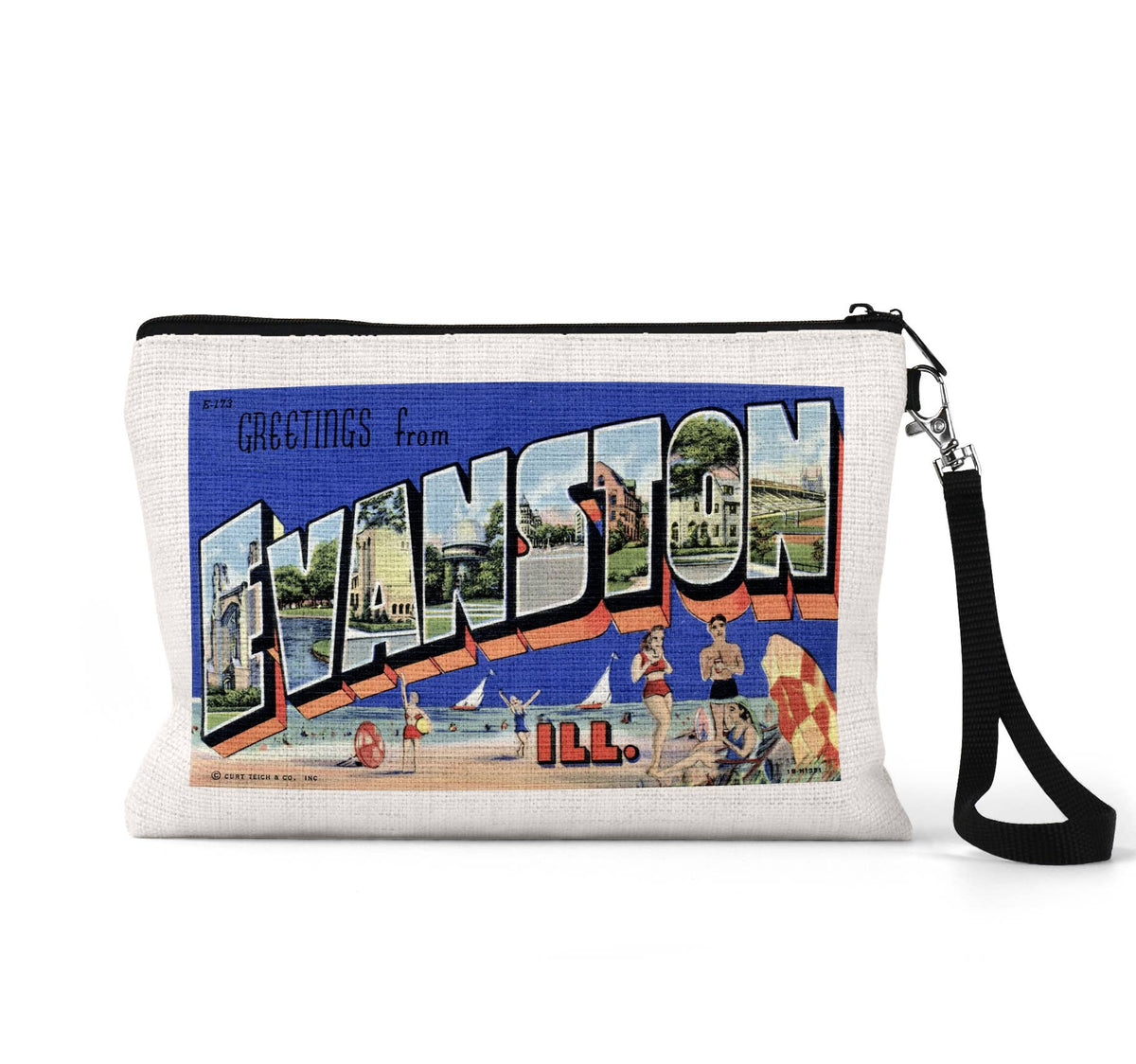 Evanston Illinois vintage postcard wristlet travel pouch