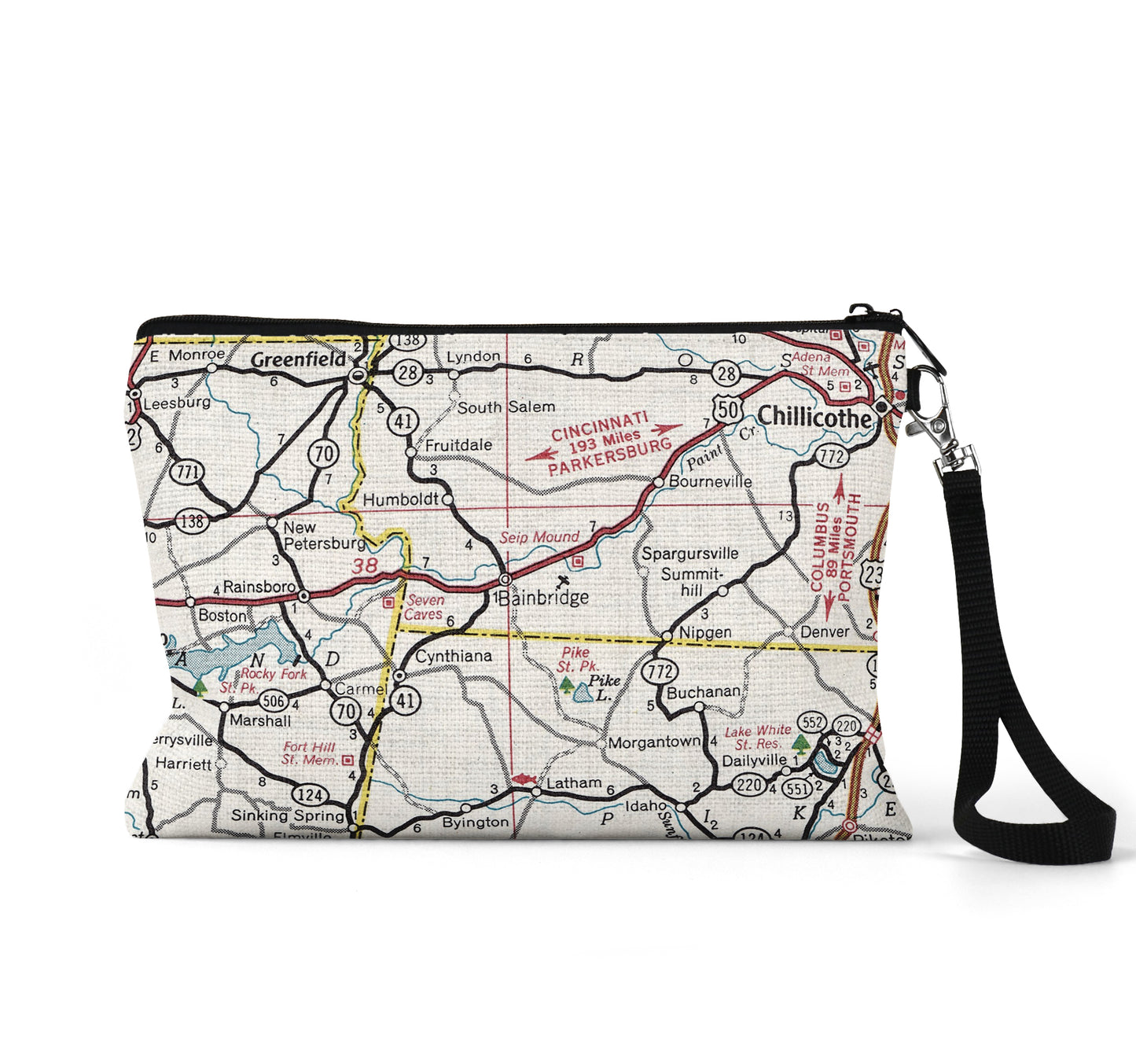 Bainbridge Ohio map wristlet travel pouch