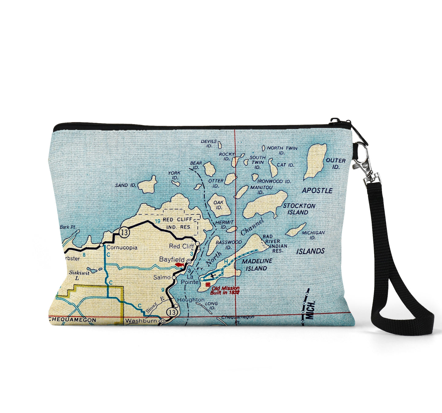 Bayfield Wisconsin map wristlet travel pouch