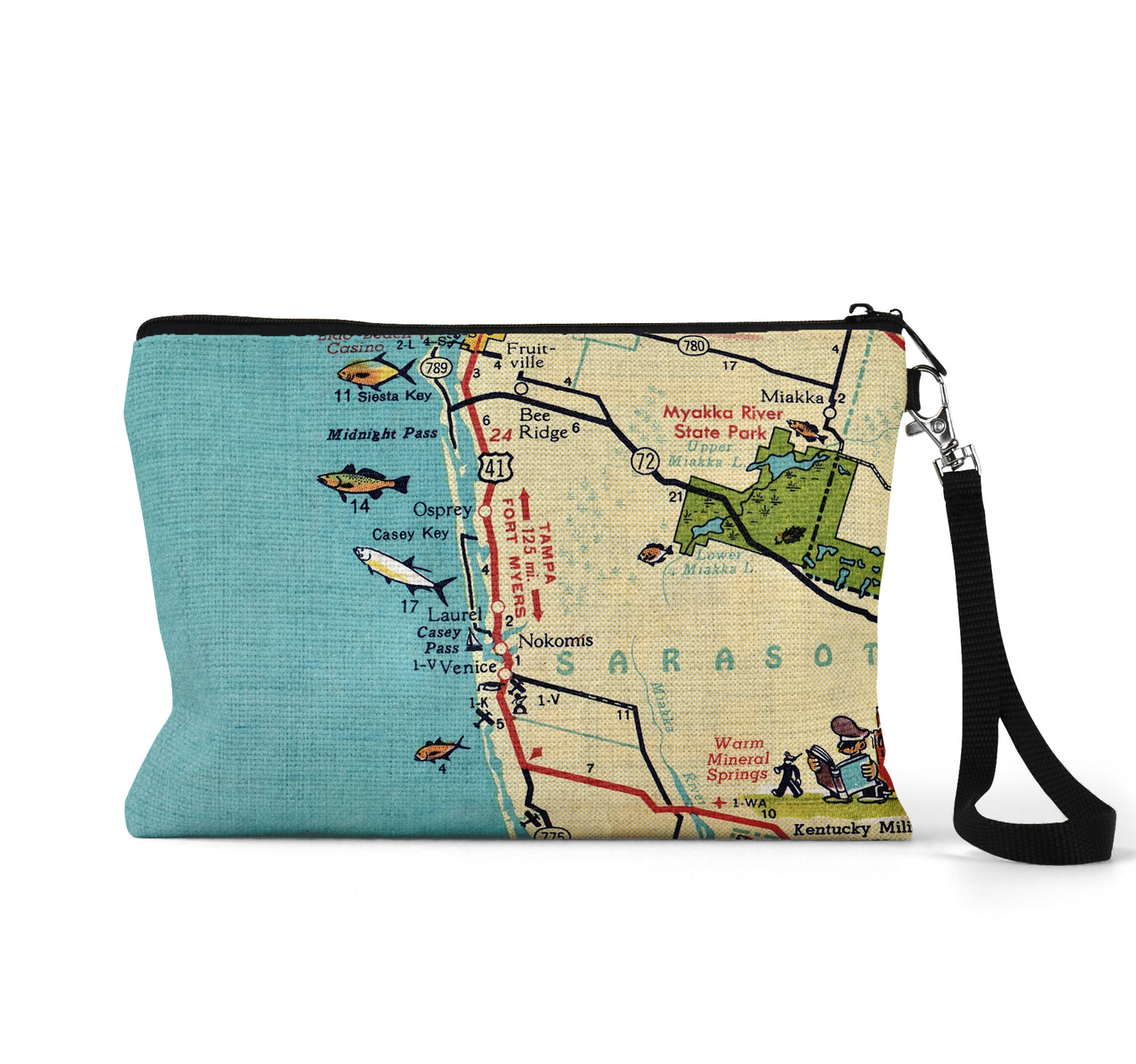 Casey Key Florida map wristlet travel pouch