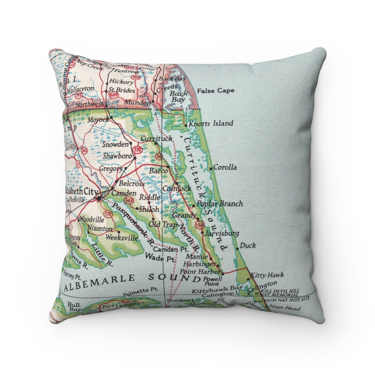 Currituck Sound North Carolina vintage map pillow