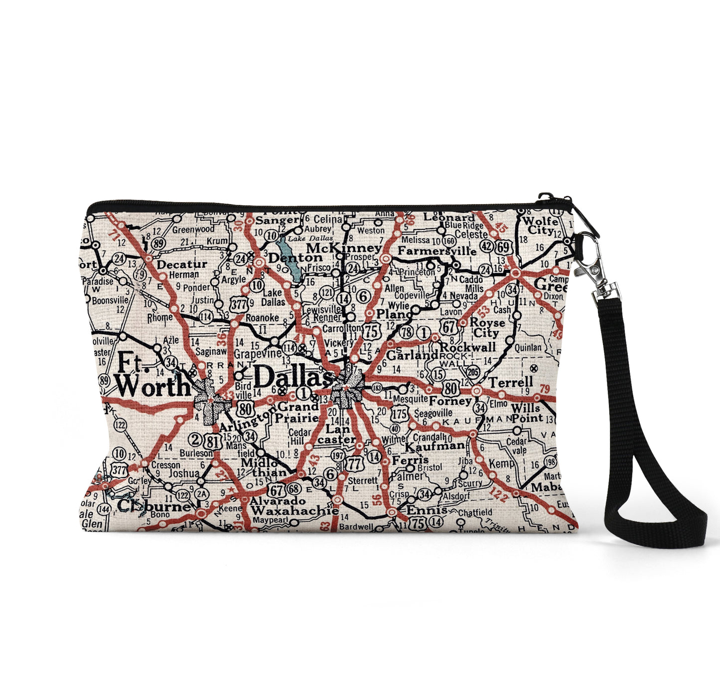 Dallas Texas map wristlet travel pouch