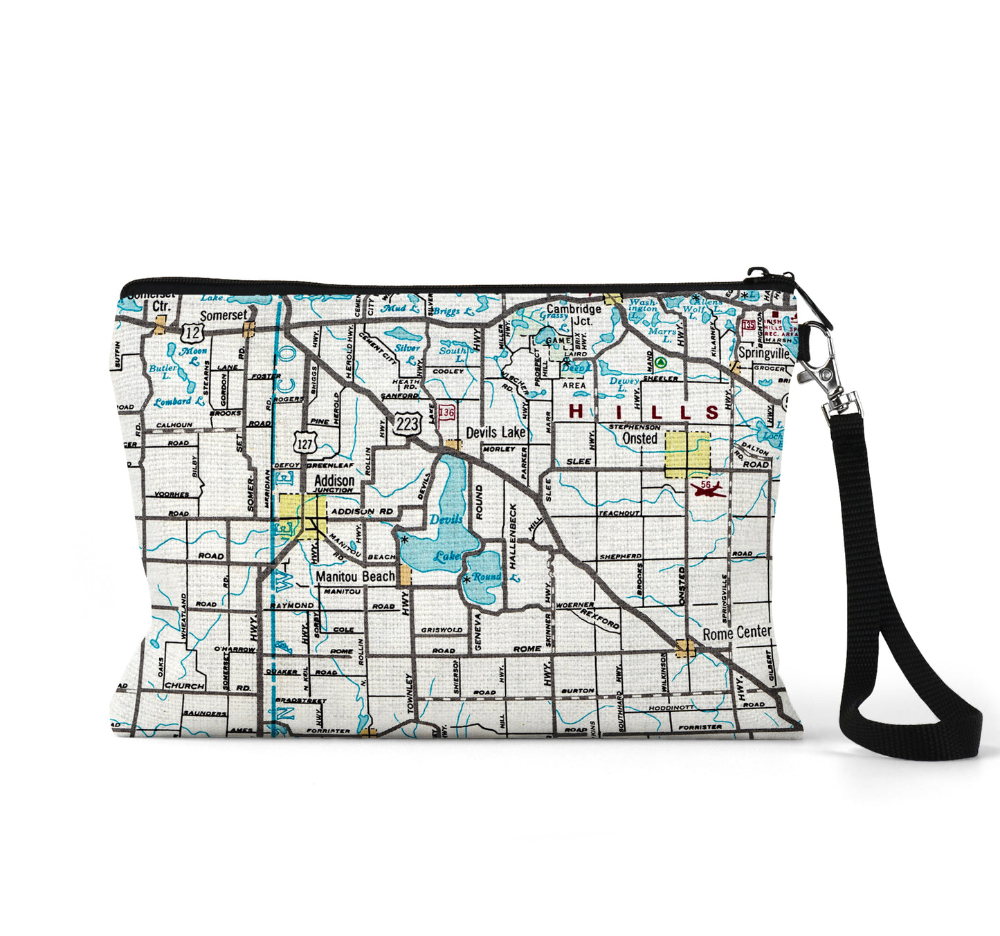 Devils Lake Michigan map wristlet travel pouch