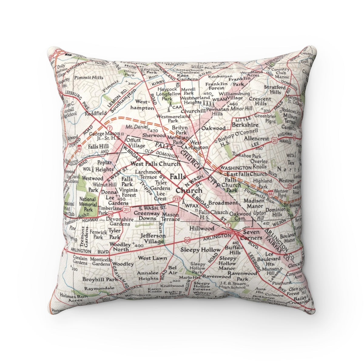 Falls Church Virginia vintage map pillow