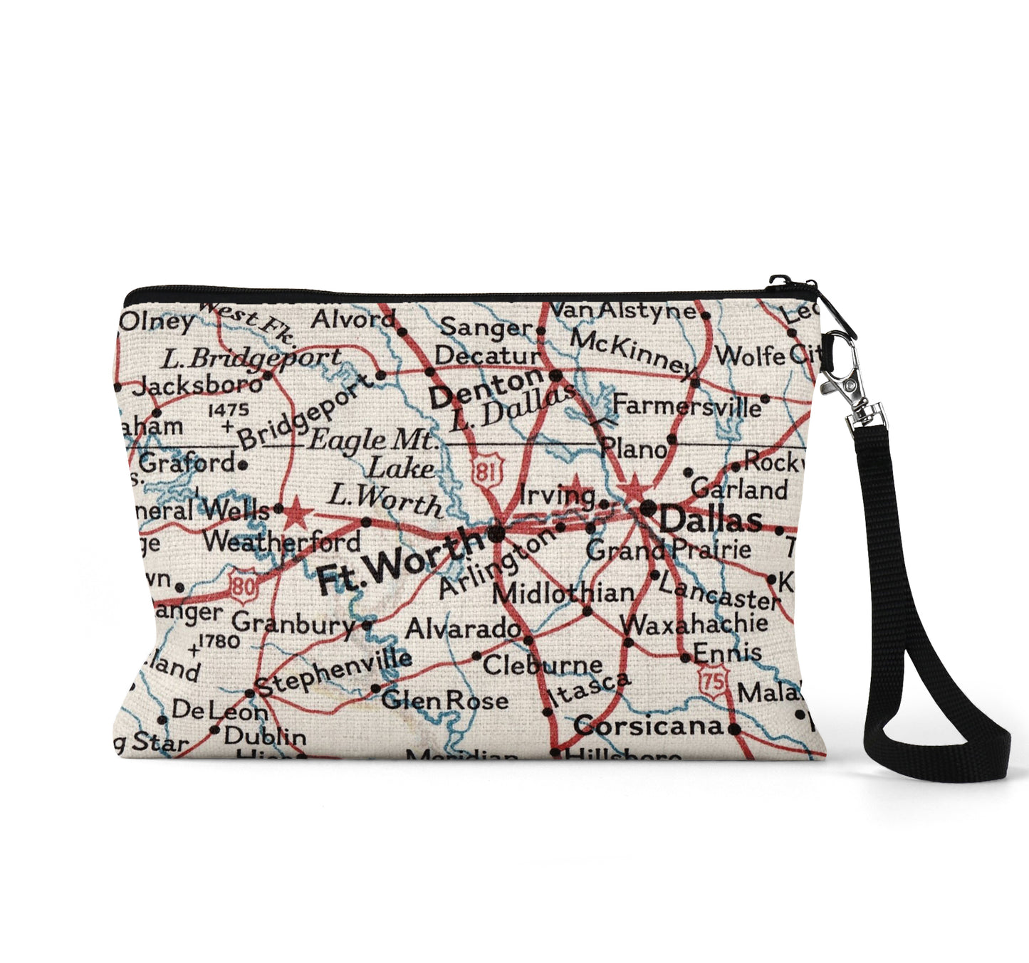 Fort Worth Texas map wristlet travel pouch