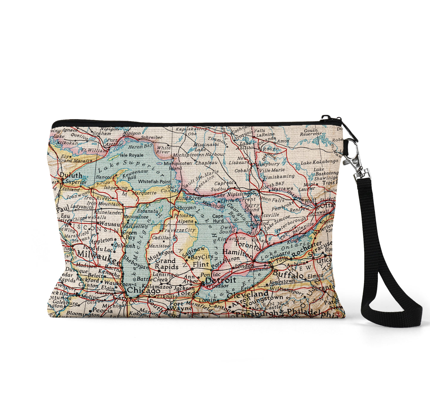 Great Lakes map wristlet travel pouch