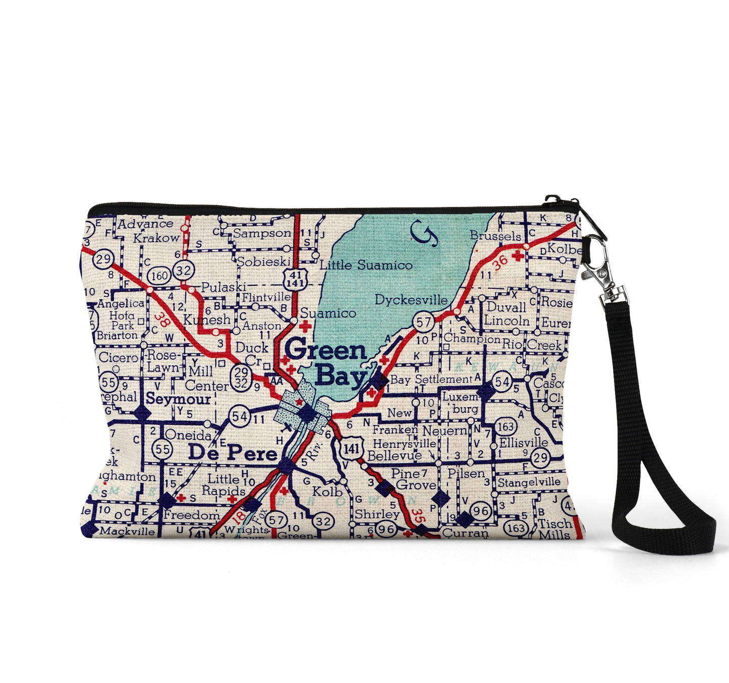Green Bay Wisconsin map wristlet travel pouch