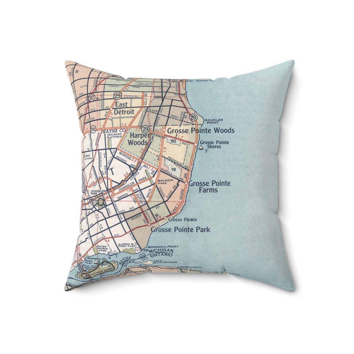 Grosse Pointe Michigan vintage map pillow