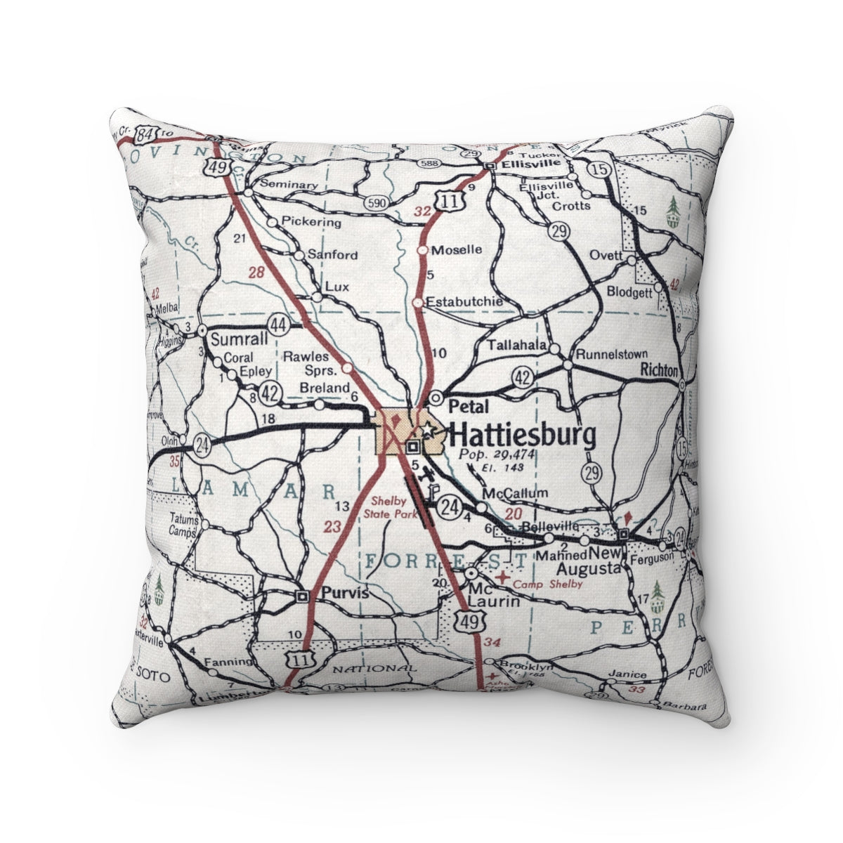 Hattiesburg Mississippi vintage map pillow
