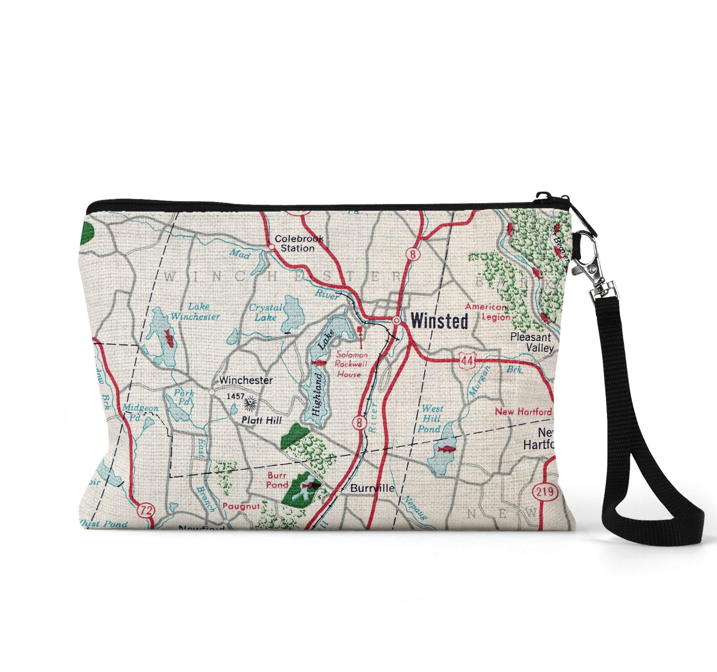 Highland Lake Connecticut map wristlet travel pouch