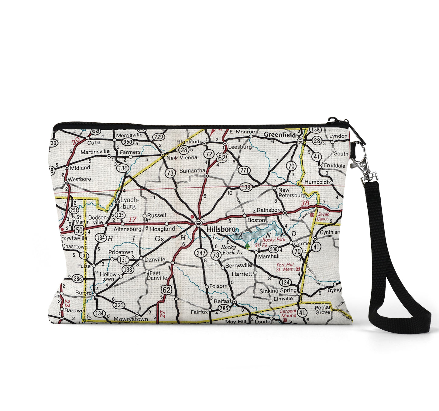Hillsboro Ohio map wristlet travel pouch