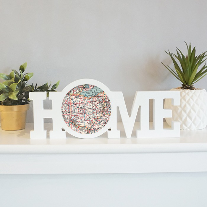 Ohio Vintage Map HOME Sign | White Wood Word Block Shelf Decor