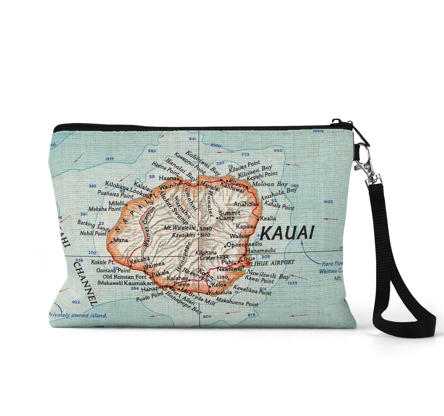 Kauai Hawaii map wristlet travel pouch