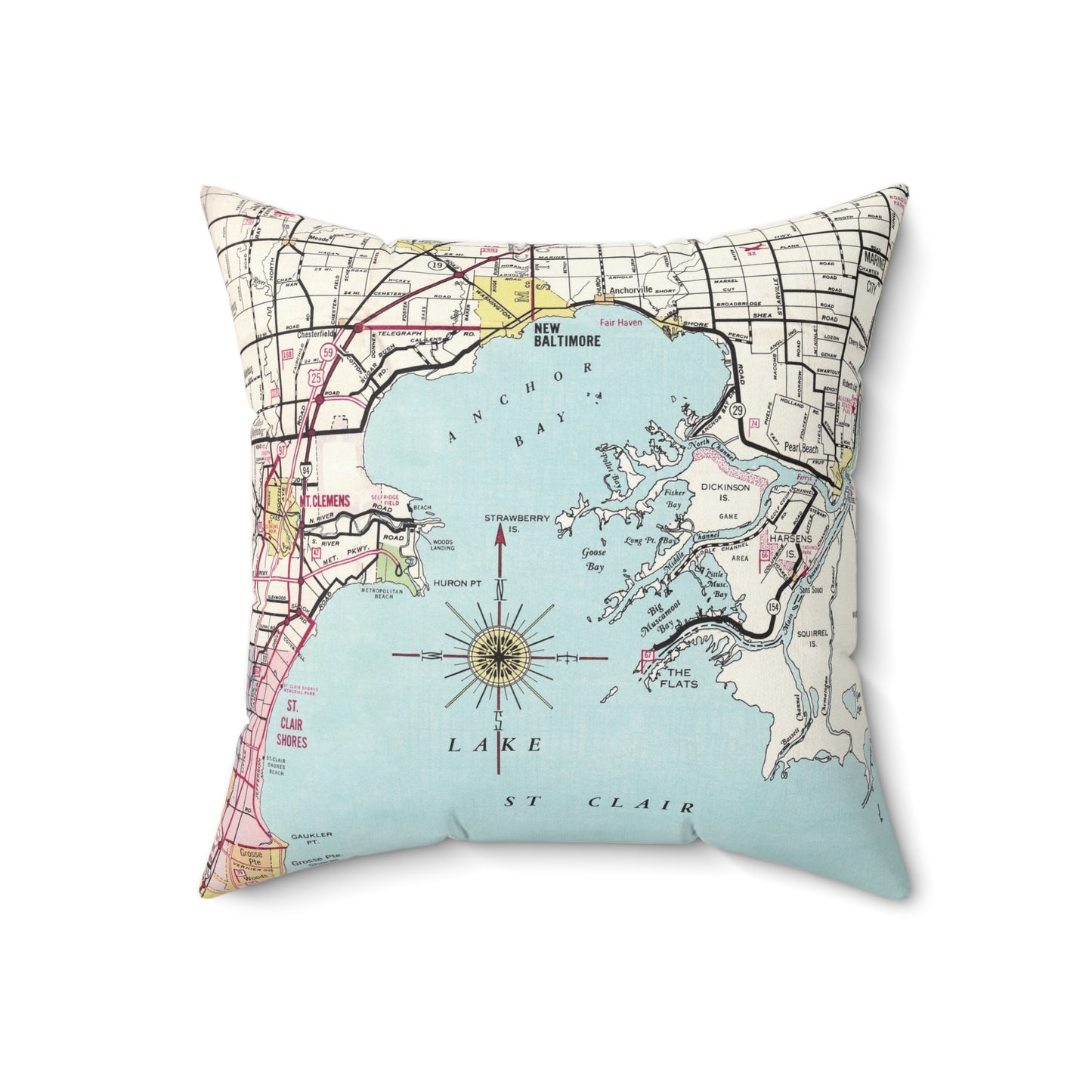Lake St Clair Michigan vintage map pillow