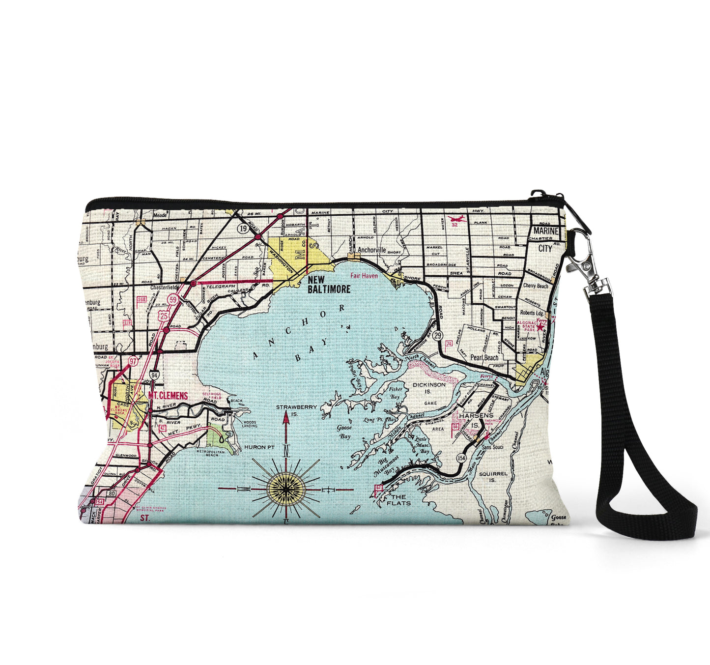 Lake St Clair Michigan map wristlet travel pouch