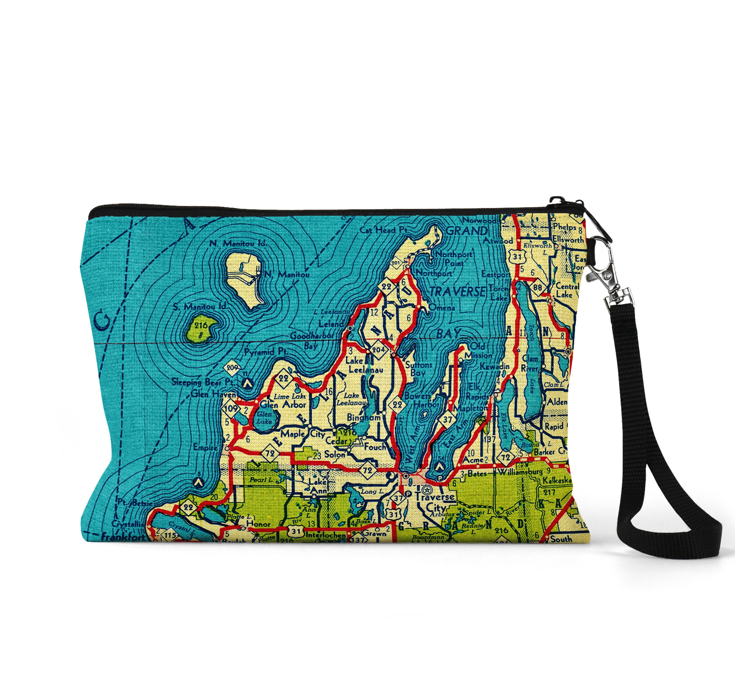Leelanau Michigan map wristlet travel pouch
