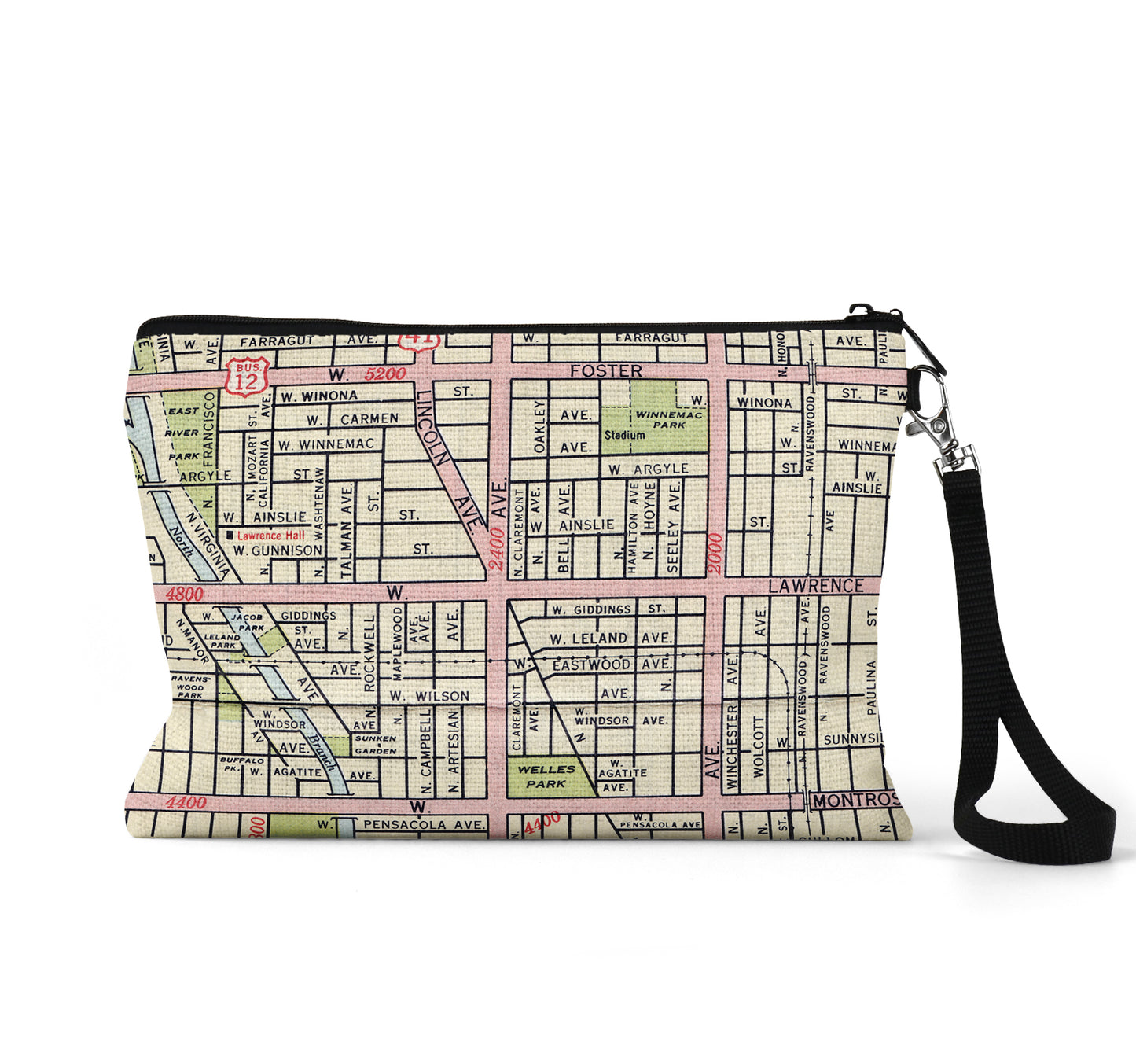 Lincoln Square Chicago map wristlet travel pouch