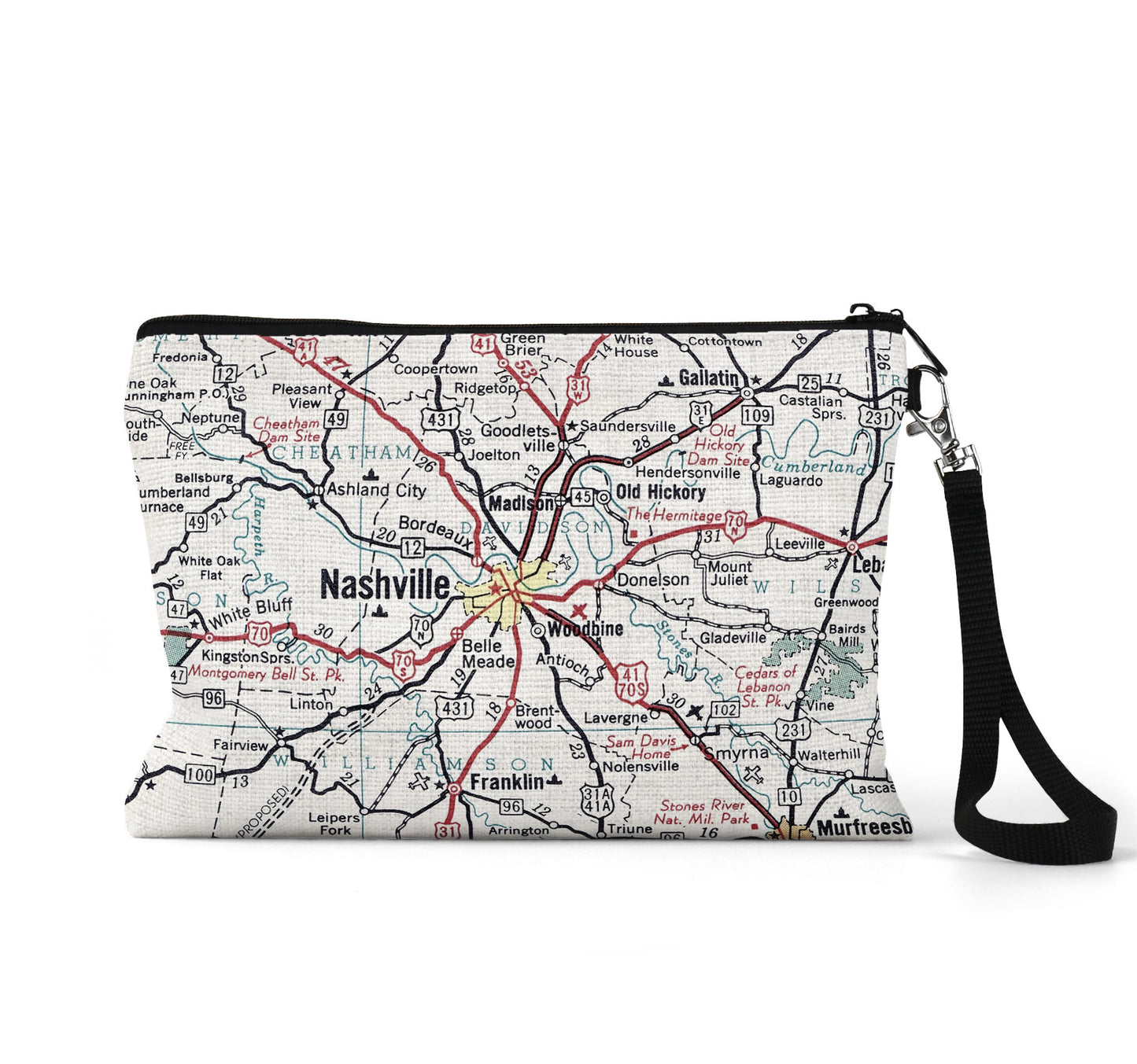 Nashville Tennessee map wristlet travel pouch