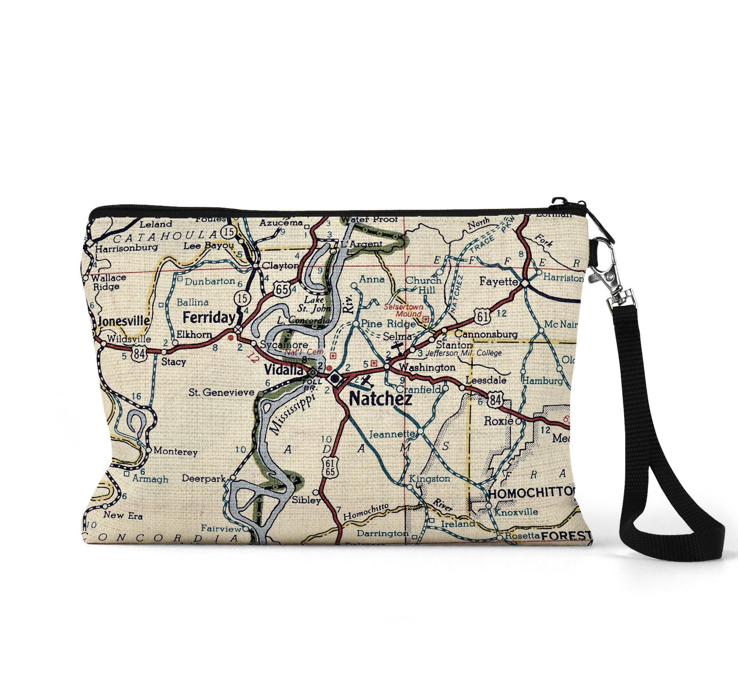 Natchez Mississippi map wristlet travel pouch