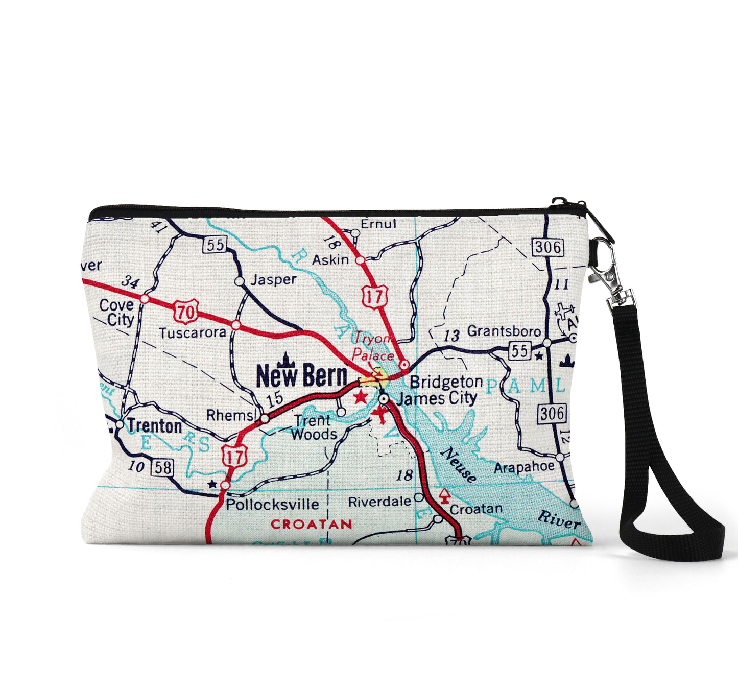 New Bern North Carolina map wristlet travel pouch