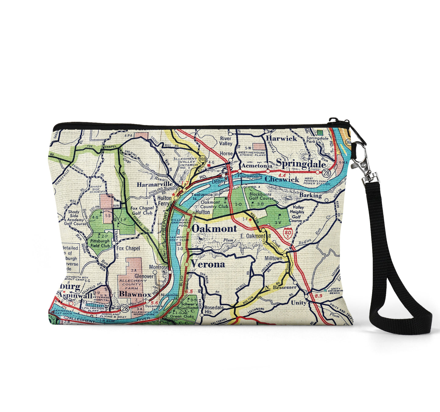 Oakmont Pennsylvania map wristlet travel pouch