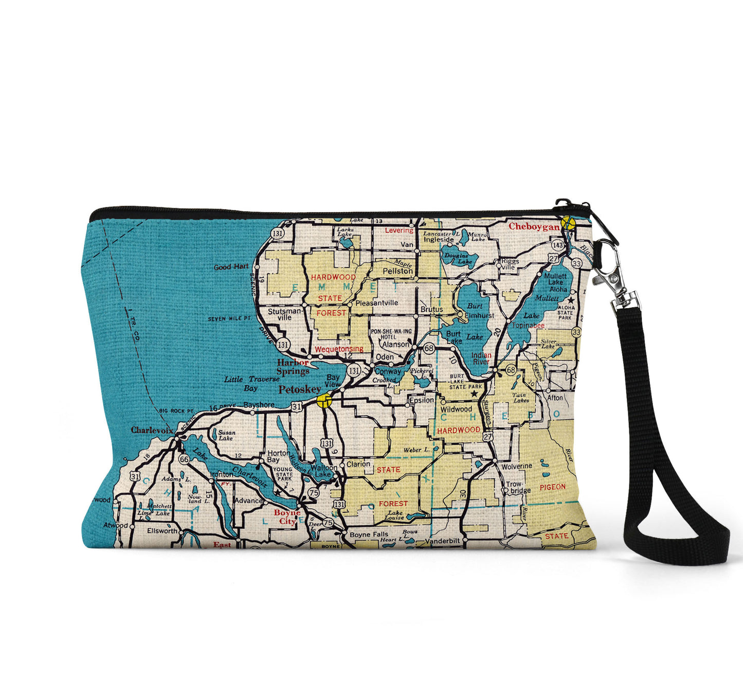 Petoskey Michigan map wristlet travel pouch