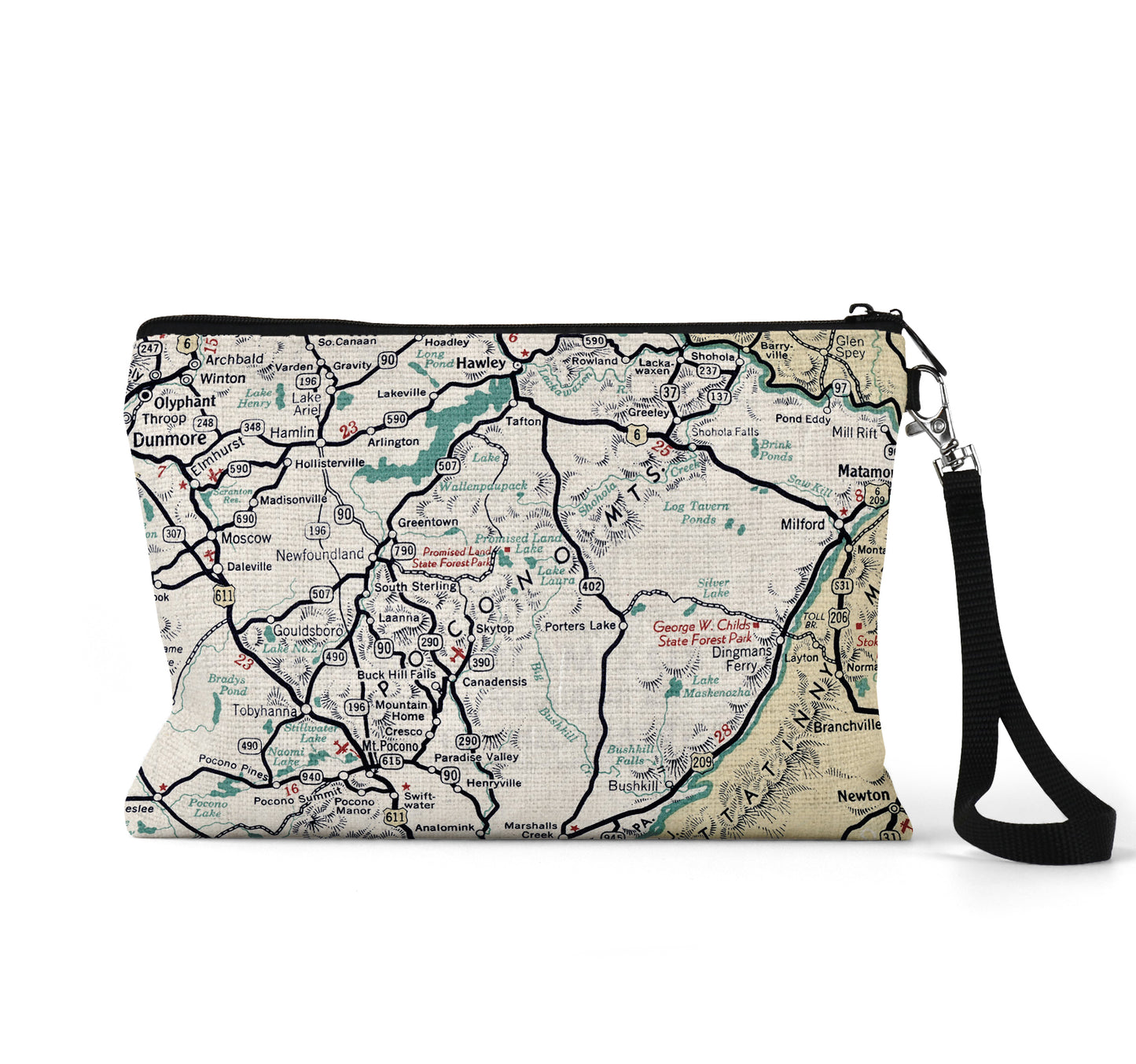 Pocono Mountains map wristlet travel pouch