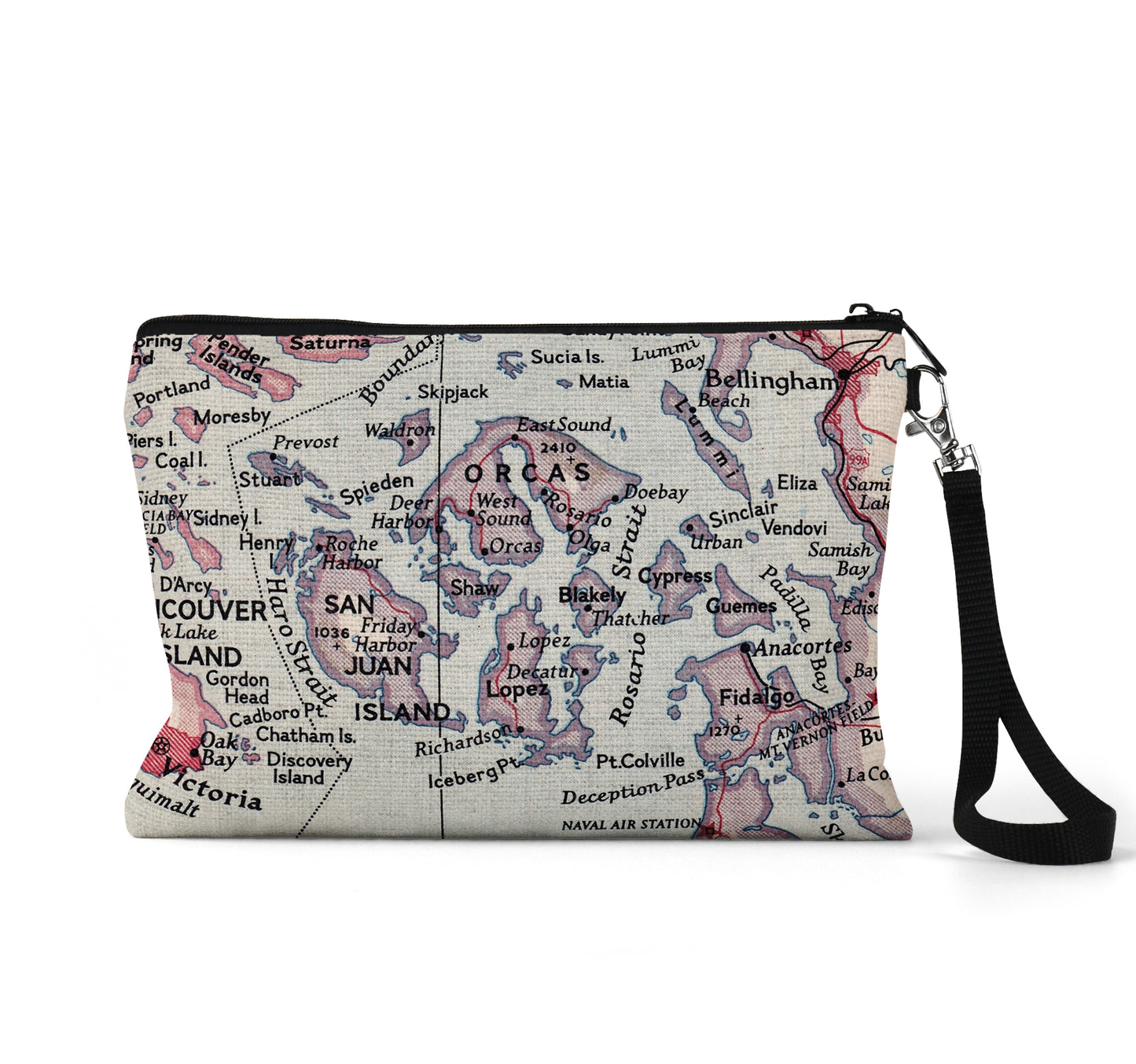 San Juan Islands Washington map wristlet travel pouch