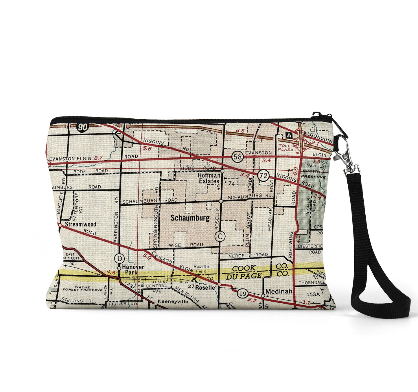 Schaumburg Illinois map wristlet travel pouch
