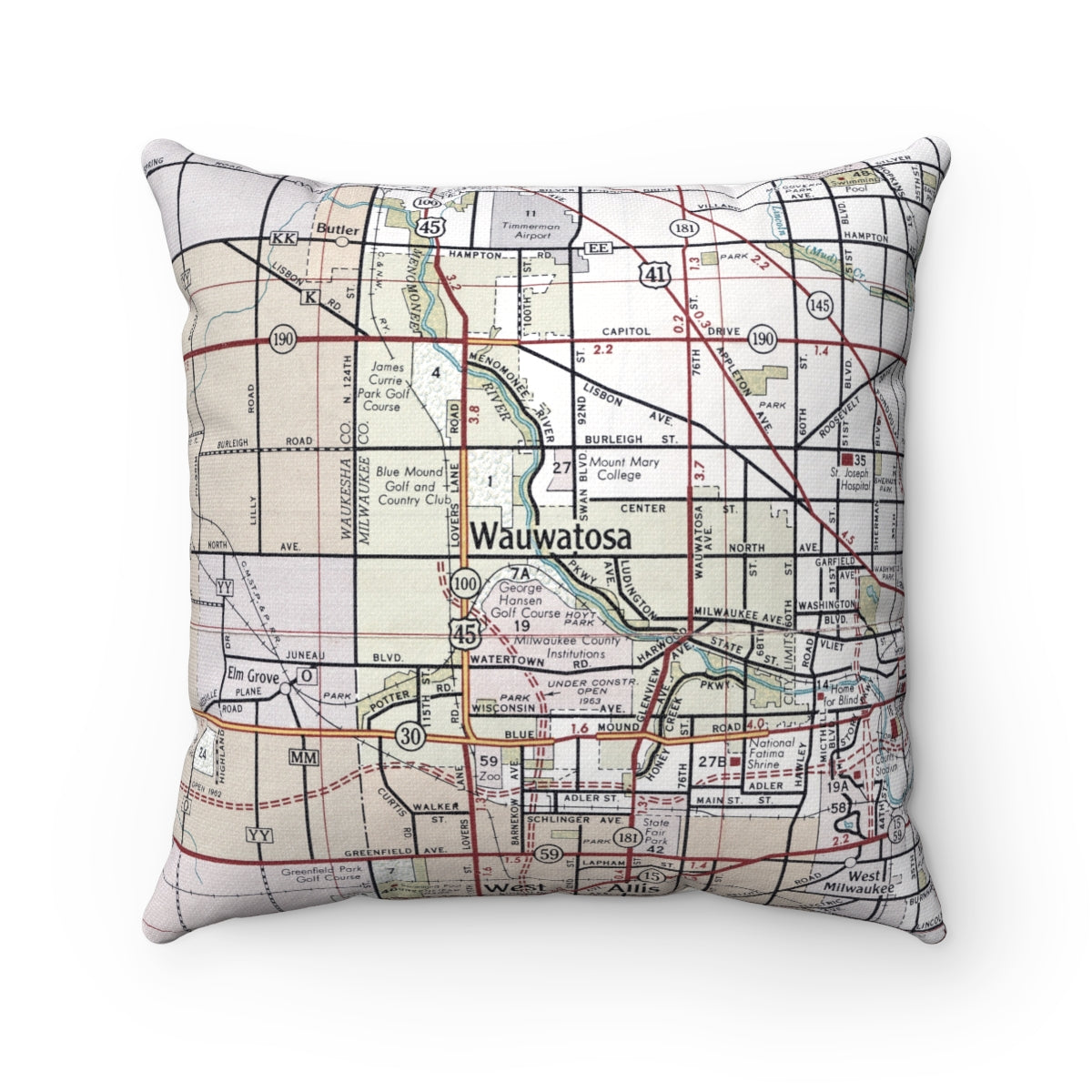 Wauwatosa Wisconsin vintage map pillow