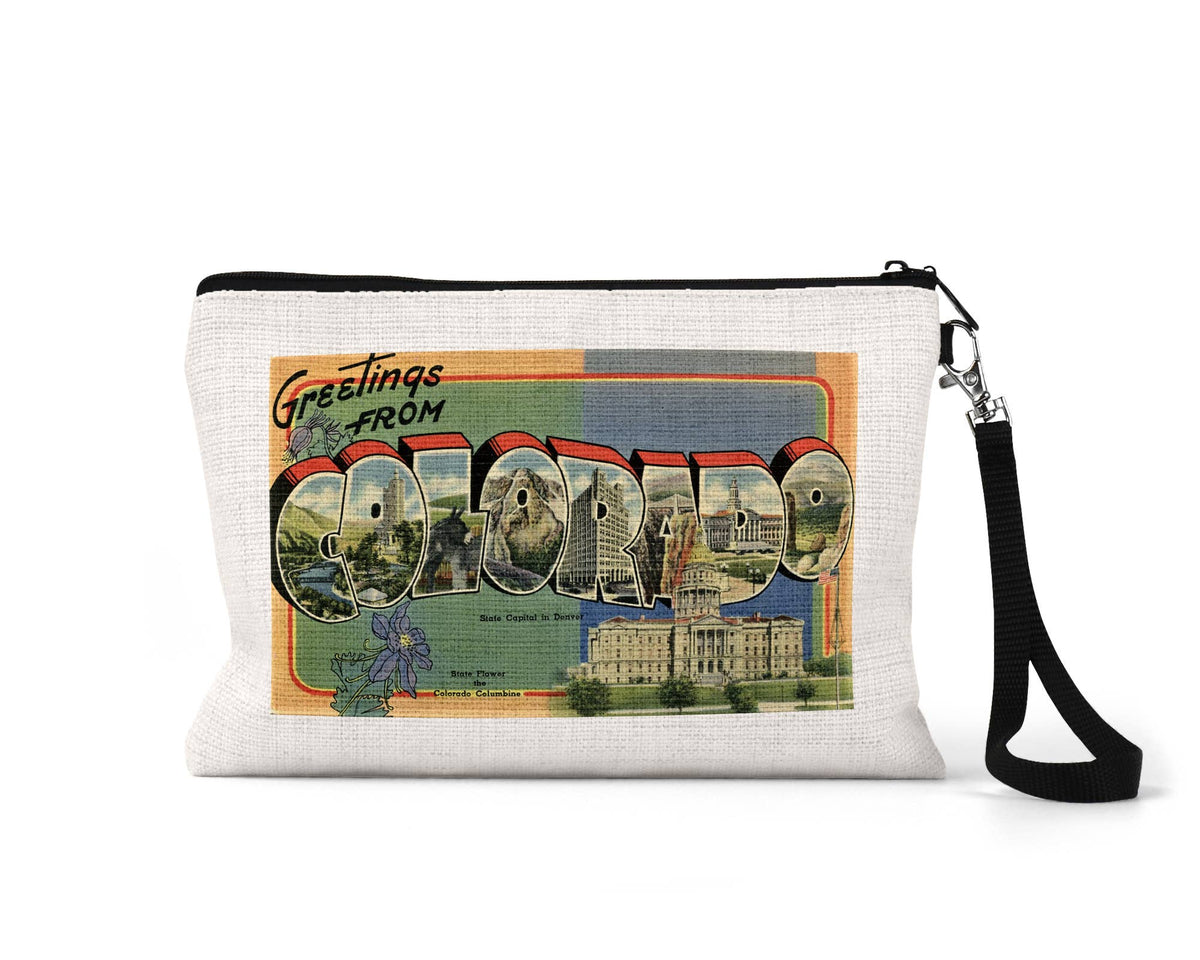 Greetings from Colorado vintage postcard wristlet travel pouch