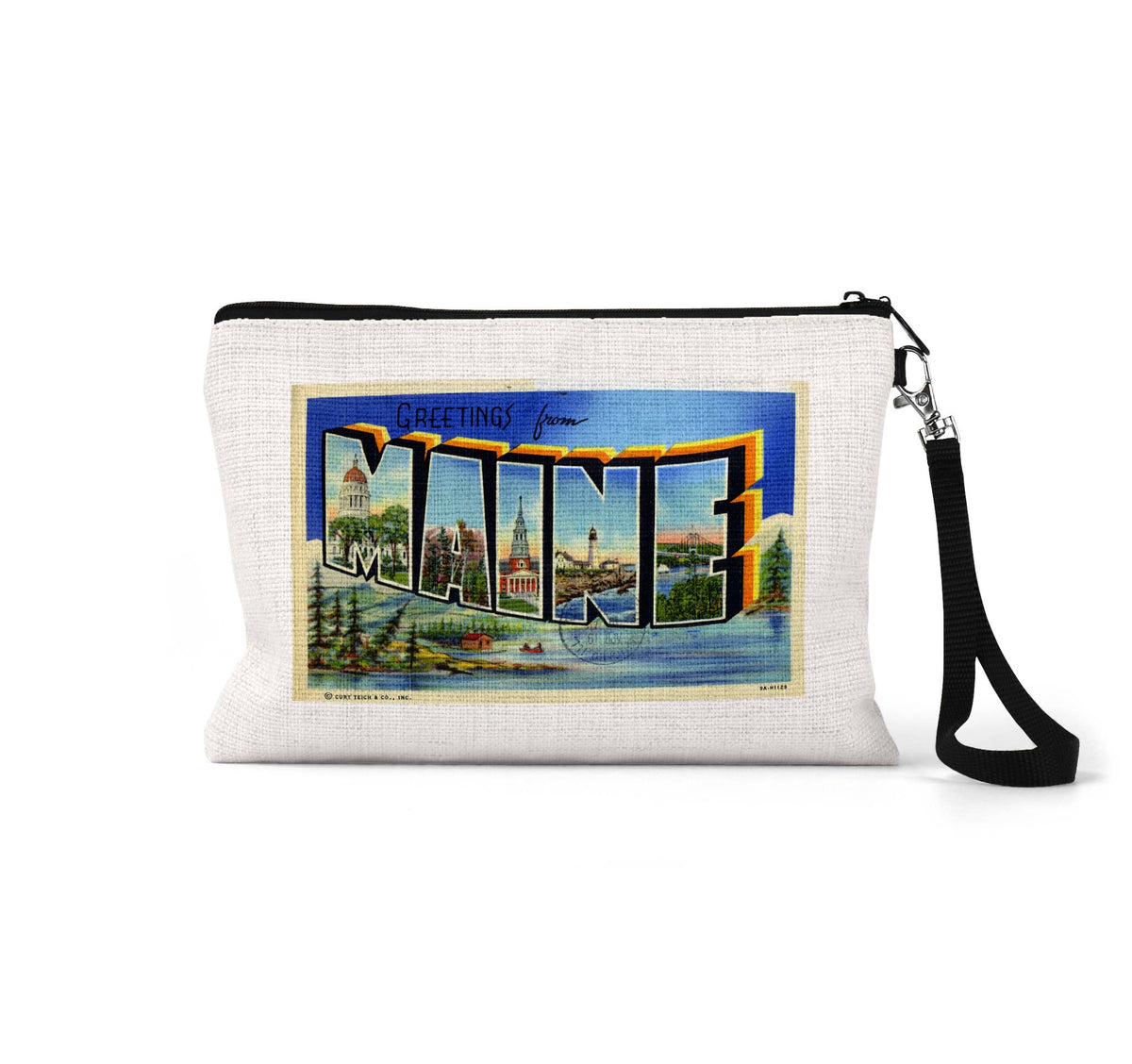 Maine vintage postcard wristlet travel pouch